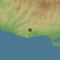 Shaded relief of the 55 km around Agios Thomas, drawn from the GMTED2010 grid
