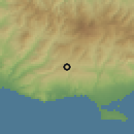 Shaded relief of the 55 km around Pachna, drawn from the GMTED2010 grid