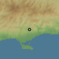 Shaded relief of the 55 km around Palodeia, drawn from the GMTED2010 grid