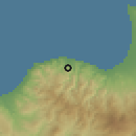 Shaded relief of the 55 km around Pano Pyrgos, drawn from the GMTED2010 grid
