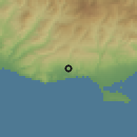 Shaded relief of the 55 km around Paramali, drawn from the GMTED2010 grid