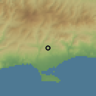 Shaded relief of the 55 km around Paramytha, drawn from the GMTED2010 grid