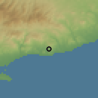 Shaded relief of the 55 km around Pentakomo, drawn from the GMTED2010 grid