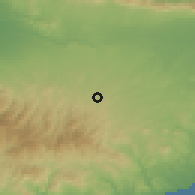 Shaded relief of the 55 km around Politiko, drawn from the GMTED2010 grid