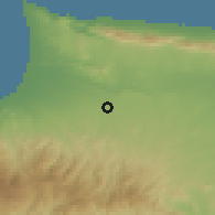 Shaded relief of the 55 km around Akaki, drawn from the GMTED2010 grid