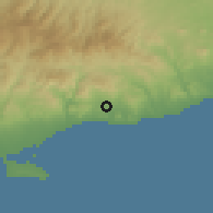 Shaded relief of the 55 km around Pyrgos, drawn from the GMTED2010 grid