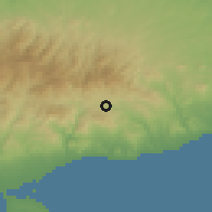 Shaded relief of the 55 km around Akapnou, drawn from the GMTED2010 grid