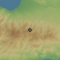 Shaded relief of the 55 km around Saranti, drawn from the GMTED2010 grid