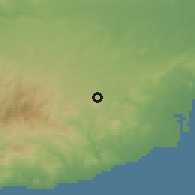 Shaded relief of the 55 km around Sia, drawn from the GMTED2010 grid