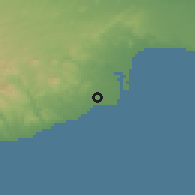 Shaded relief of the 55 km around Softades, drawn from the GMTED2010 grid
