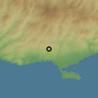 Shaded relief of the 55 km around Sotira, drawn from the GMTED2010 grid