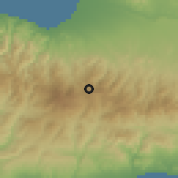 Shaded relief of the 55 km around Spilia, drawn from the GMTED2010 grid