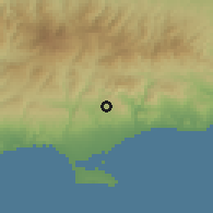 Shaded relief of the 55 km around Spitali, drawn from the GMTED2010 grid