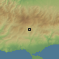 Shaded relief of the 55 km around Trimiklini, drawn from the GMTED2010 grid