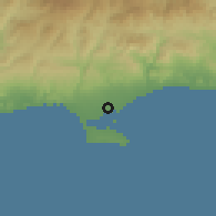 Shaded relief of the 55 km around Tserkezoi, drawn from the GMTED2010 grid