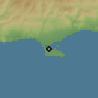 Shaded relief of the 55 km around Akrotiri, drawn from the GMTED2010 grid