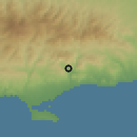 Shaded relief of the 55 km around Akrounta, drawn from the GMTED2010 grid