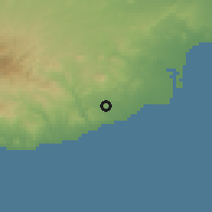 Shaded relief of the 55 km around Alaminos, drawn from the GMTED2010 grid