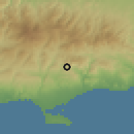 Shaded relief of the 55 km around Apsiou, drawn from the GMTED2010 grid