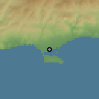 Shaded relief of the 55 km around Asomatos, drawn from the GMTED2010 grid