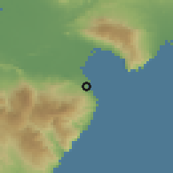 Shaded relief of the 59 km around Barahona, drawn from the GMTED2010 grid