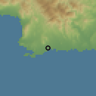 Shaded relief of the 59 km around Matanzas, drawn from the GMTED2010 grid