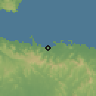 Shaded relief of the 59 km around Miches, drawn from the GMTED2010 grid