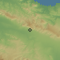 Shaded relief of the 59 km around Palmar Arriba, drawn from the GMTED2010 grid