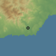 Shaded relief of the 59 km around Pizarrete, drawn from the GMTED2010 grid