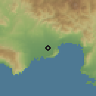 Shaded relief of the 59 km around Pueblo Viejo, drawn from the GMTED2010 grid