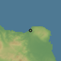 Shaded relief of the 59 km around Río San Juan, drawn from the GMTED2010 grid