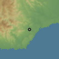 Shaded relief of the 59 km around San Cristóbal, drawn from the GMTED2010 grid
