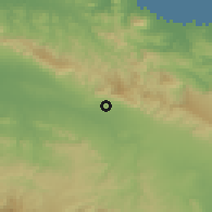 Shaded relief of the 59 km around Villa González, drawn from the GMTED2010 grid