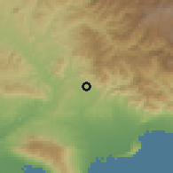 Shaded relief of the 59 km around Villa Tabara Arriba, drawn from the GMTED2010 grid