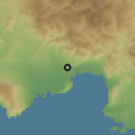 Shaded relief of the 59 km around Azua, drawn from the GMTED2010 grid