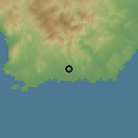 Shaded relief of the 59 km around Baní, drawn from the GMTED2010 grid