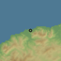Shaded relief of the 60 km around Oecussi, drawn from the GMTED2010 grid