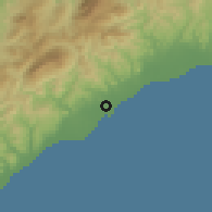 Shaded relief of the 60 km around Suai, drawn from the GMTED2010 grid