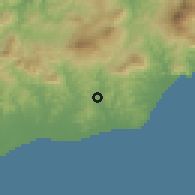 Shaded relief of the 60 km around Viqueque, drawn from the GMTED2010 grid
