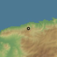 Shaded relief of the 60 km around Bazartete, drawn from the GMTED2010 grid