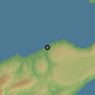 Shaded relief of the 60 km around Lautem, drawn from the GMTED2010 grid