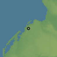 Shaded relief of the 60 km around Luanda, drawn from the GMTED2010 grid