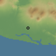 Shaded relief of the 60 km around Jiquilisco, drawn from the GMTED2010 grid