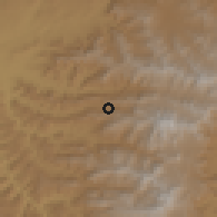 Shaded relief of the 60 km around Chelena, drawn from the GMTED2010 grid