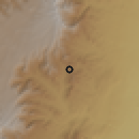 Shaded relief of the 60 km around Gorgo, drawn from the GMTED2010 grid
