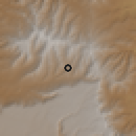 Shaded relief of the 60 km around Muja, drawn from the GMTED2010 grid