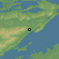 Shaded relief of the 49 km around Port Howard, drawn from the GMTED2010 grid