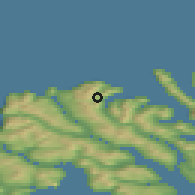 Shaded relief of the 44 km around Funningur, drawn from the GMTED2010 grid