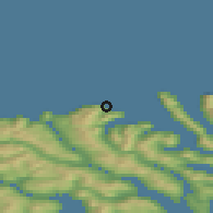 Shaded relief of the 44 km around Gjógv, drawn from the GMTED2010 grid