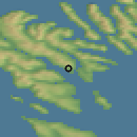 Shaded relief of the 44 km around Kolbanargjógv, drawn from the GMTED2010 grid